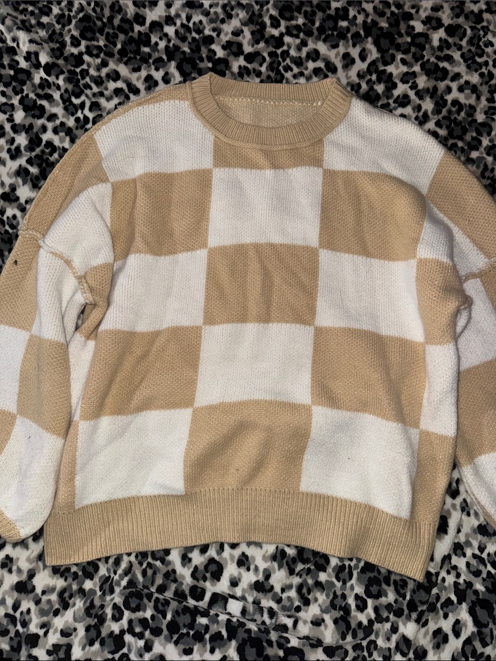 Beige and White Checker Knit Sweater